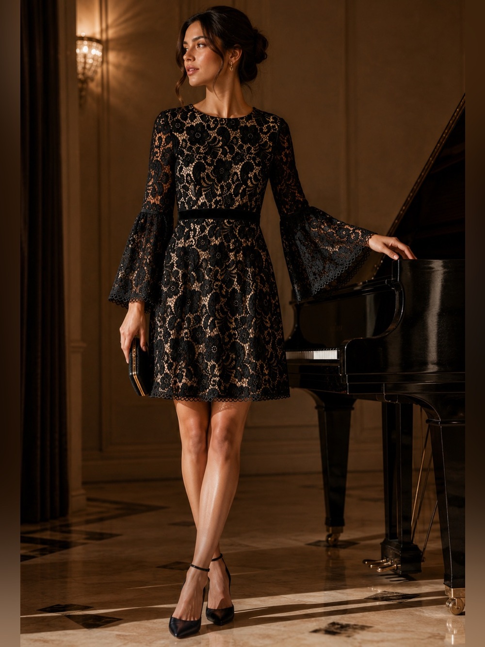 Eliza J Black Lace and Nude Dress Bell Sleeve Size 4